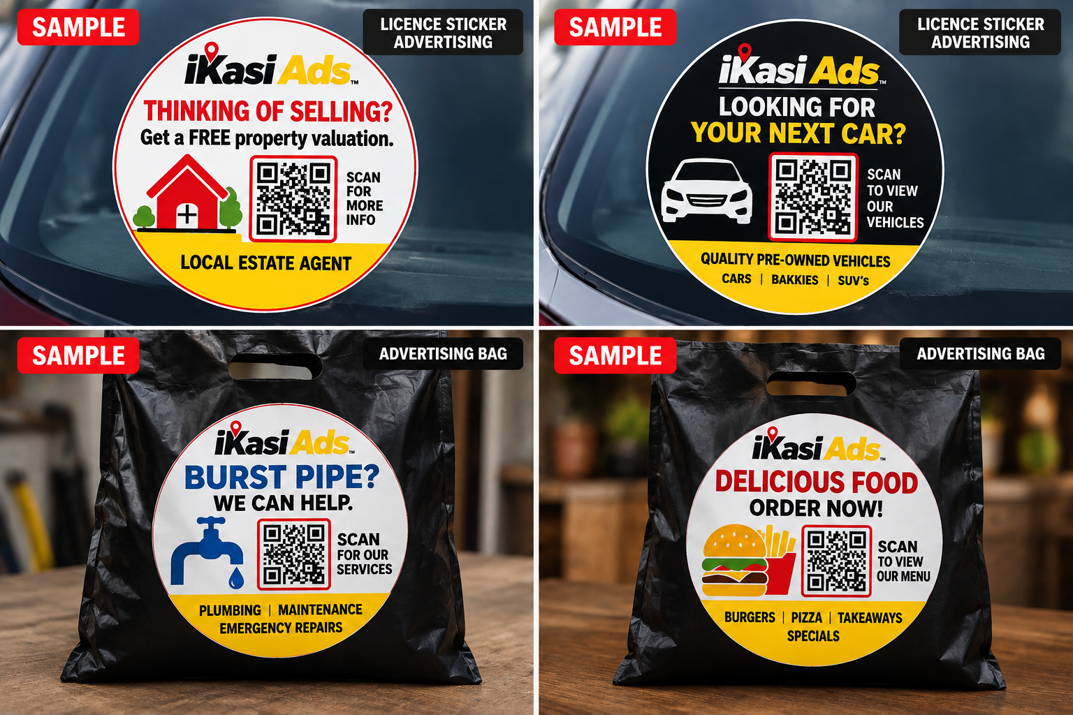 Four fictional sample concepts: two licence sticker designs and two Advertising Bag designs, each marked SAMPLE